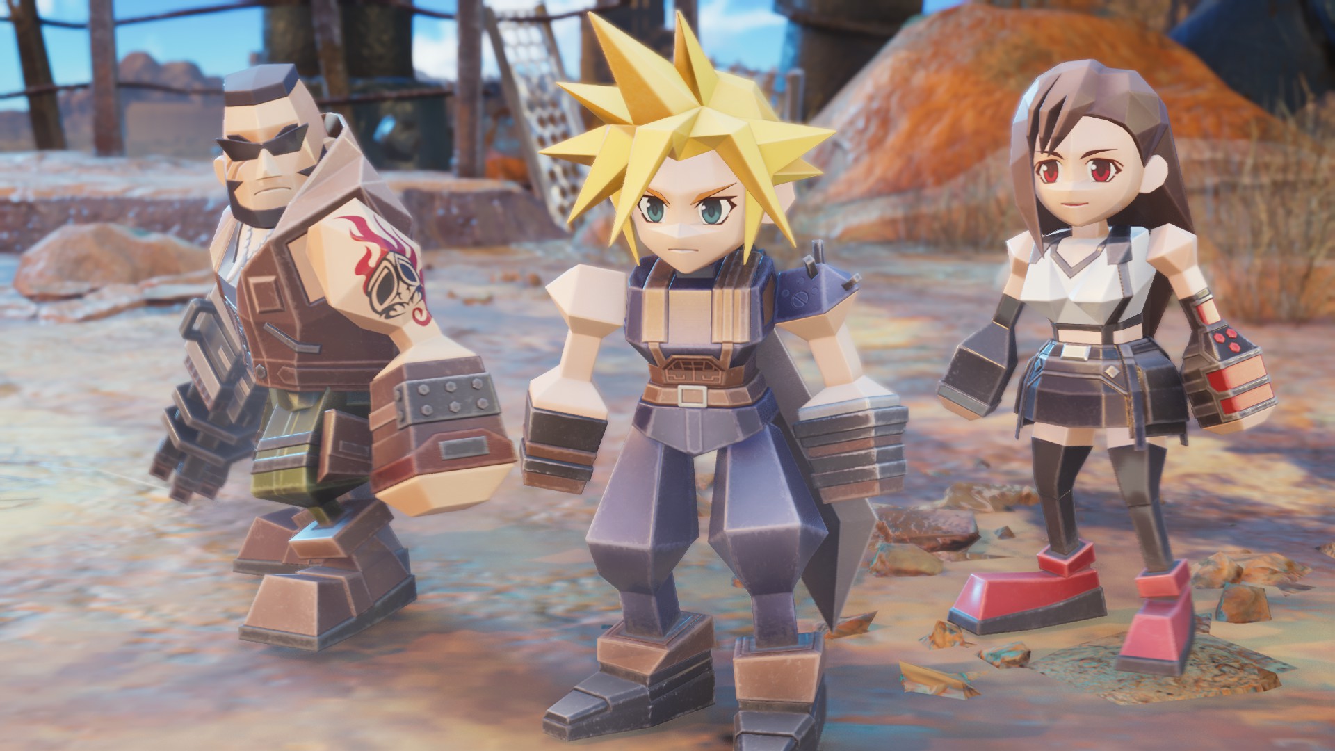 Cloud, Barret y Tifa con los sprites 3D originales poligonales pero en HD